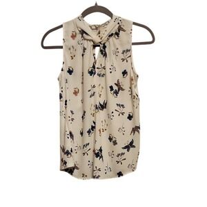 EUC LOFT Women's Cream Butterfly Floral Mock Neck Sleeveless Keyhole Top  XSP
